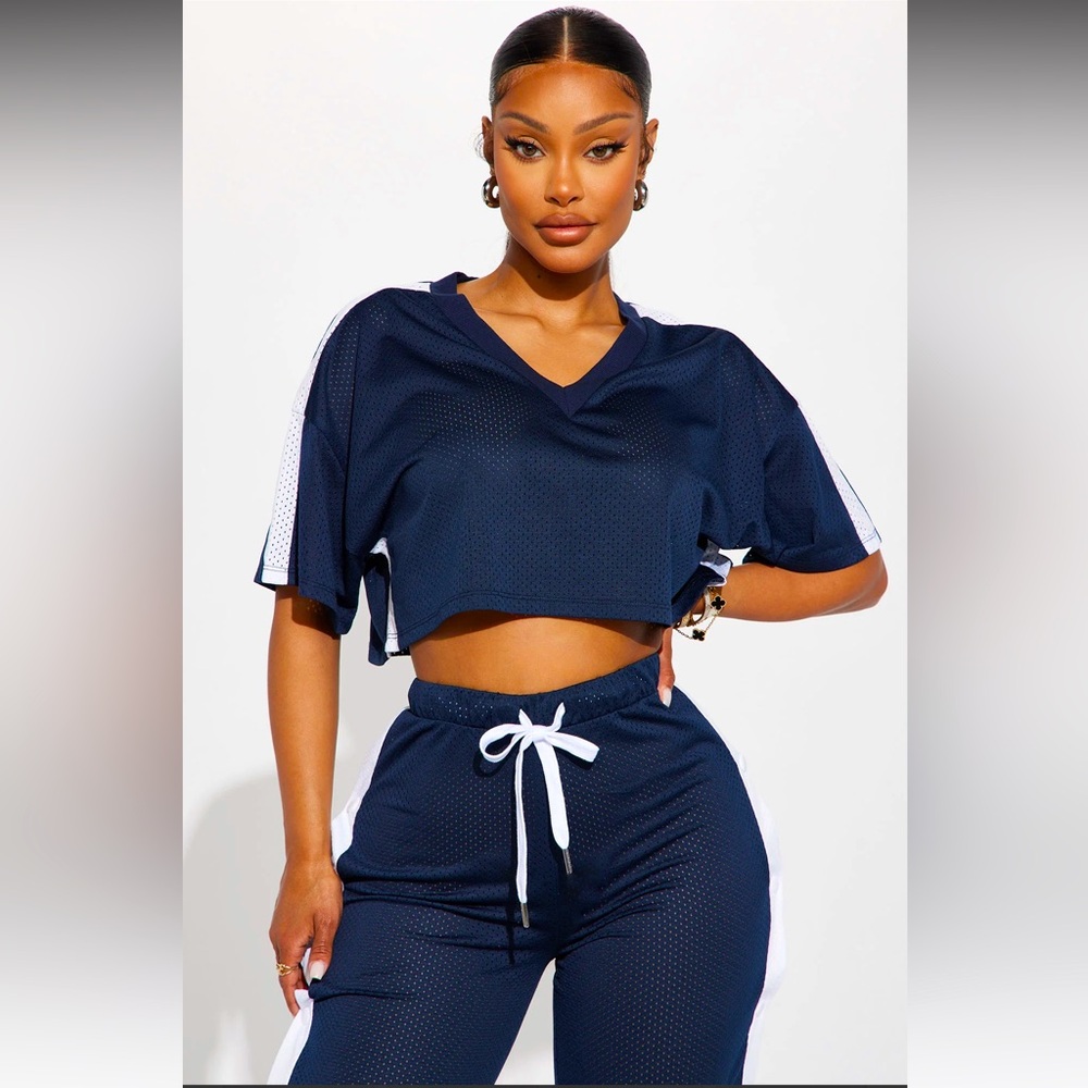 Navy Blue Mesh Crop Top and Joggers Set